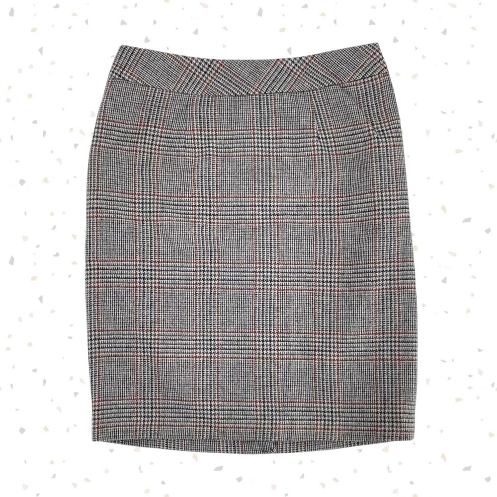 Chadwicks Classic Wool Skirt Gray Red Houndstooth Plaid Straight Pencil Size 8